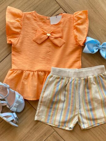 Conjunto Infantil Feminino Blusa Bata Laranja e Short Listrado Fernanda Ramos Kids
