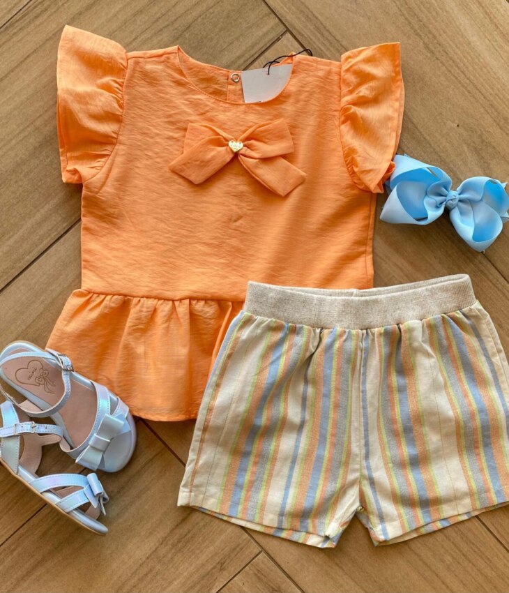 Conjunto Infantil Feminino Blusa Bata Laranja e Short Listrado Fernanda Ramos Kids