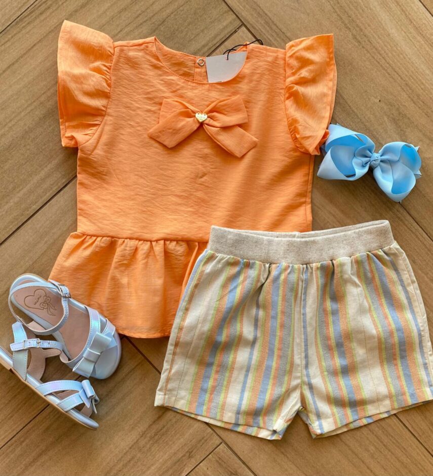 Conjunto Infantil Feminino Blusa Bata Laranja e Short Listrado Fernanda Ramos Kids