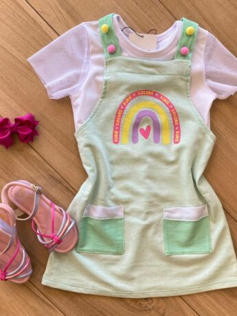 Conjunto Infantil Feminino Blusa Branca e Salopete Verde Estampada Fernanda Ramos Kids
