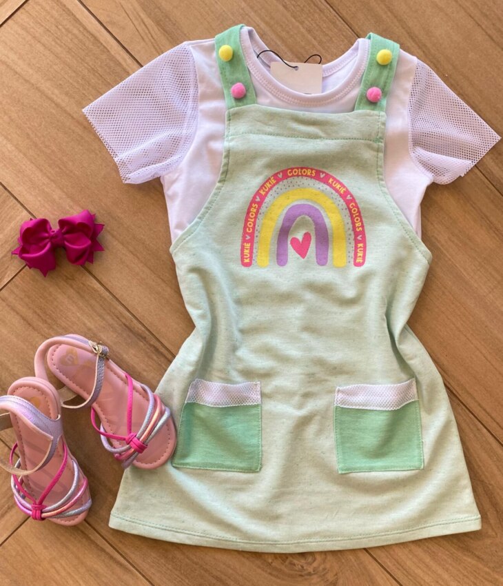 Conjunto Infantil Feminino Blusa Branca e Salopete Verde Estampada Fernanda Ramos Kids