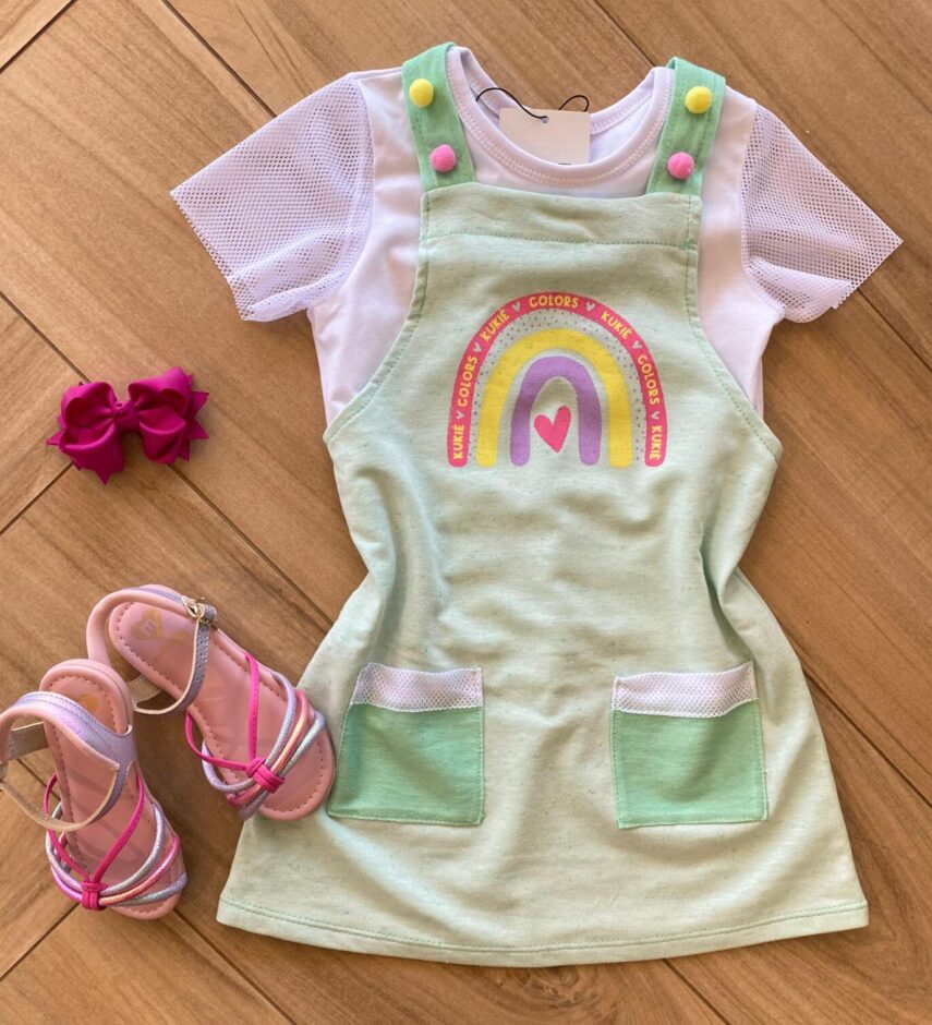 Conjunto Infantil Feminino Blusa Branca e Salopete Verde Estampada Fernanda Ramos Kids