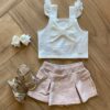 Conjunto Infantil Feminino Blusa Off White e Short Saia Lurex Rosé Fernanda Ramos Kids