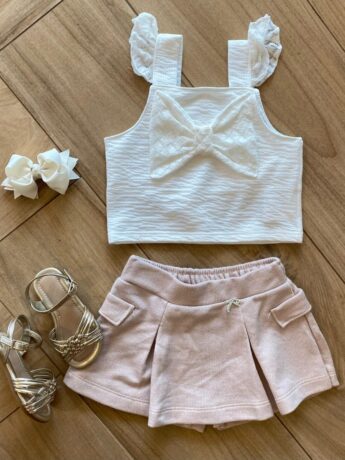 Conjunto Infantil Feminino Blusa Off White e Short Saia Lurex Rosé Fernanda Ramos Kids
