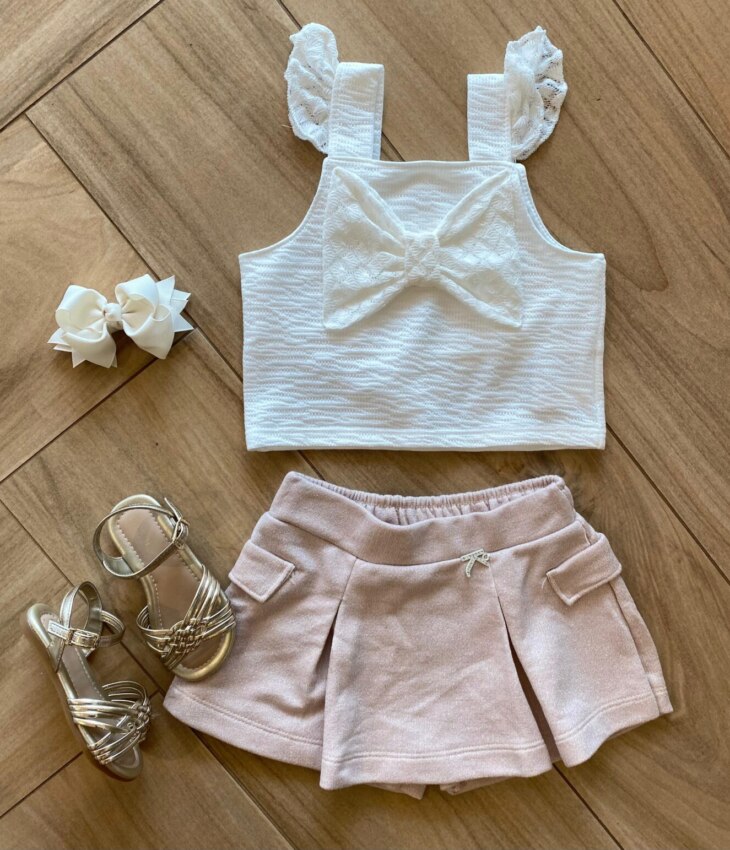 Conjunto Infantil Feminino Blusa Off White e Short Saia Lurex Rosé Fernanda Ramos Kids