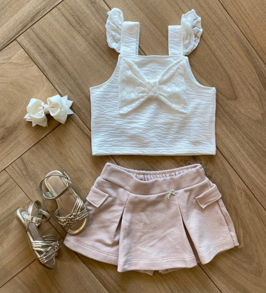 Conjunto Infantil Feminino Blusa Off White e Short Saia Lurex Rosé Fernanda Ramos Kids