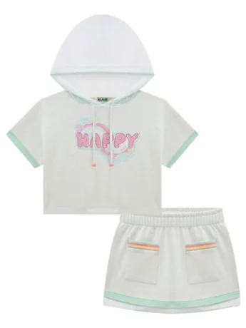 Conjunto Infantil Feminino Happy Blusa Boxy e Short Saia Verde Fernanda Ramos Kids