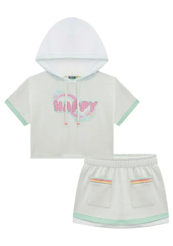 Conjunto Infantil Feminino Happy Blusa Boxy e Short Saia Verde Fernanda Ramos Kids