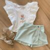 Conjunto Infantil Feminino Joyful Blusa Off White e Short Saia Verde Fernanda Ramos Kids