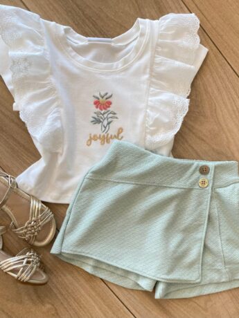 Conjunto Infantil Feminino Joyful Blusa Off White e Short Saia Verde Fernanda Ramos Kids