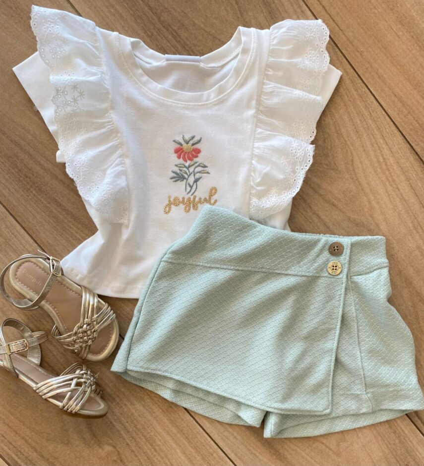 Conjunto Infantil Feminino Joyful Blusa Off White e Short Saia Verde Fernanda Ramos Kids