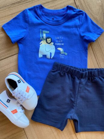 Conjunto Infantil Masculino Animais Camiseta e Bermuda Azul Fernanda Ramos Kids