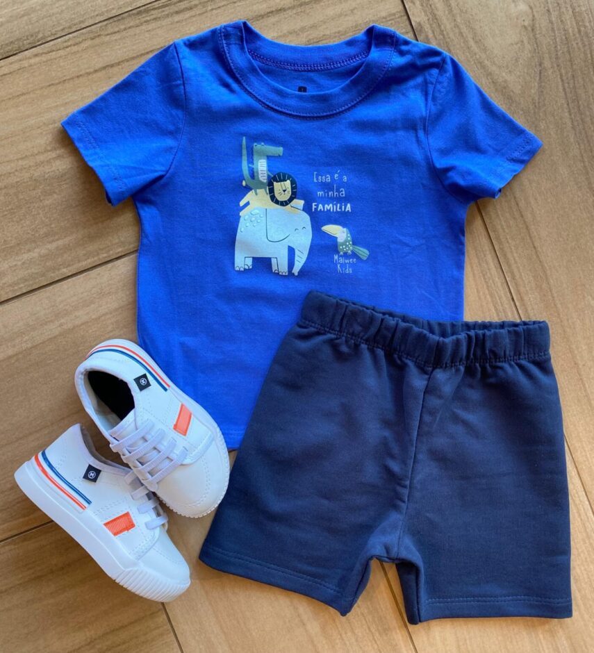 Conjunto Infantil Masculino Animais Camiseta e Bermuda Azul Fernanda Ramos Kids