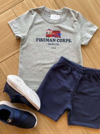 Conjunto Infantil Masculino Bombeiro Camiseta Cinza e Bermuda Azul Fernanda Ramos Kids