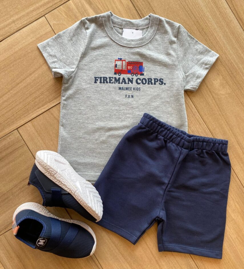 Conjunto Infantil Masculino Bombeiro Camiseta Cinza e Bermuda Azul Fernanda Ramos Kids