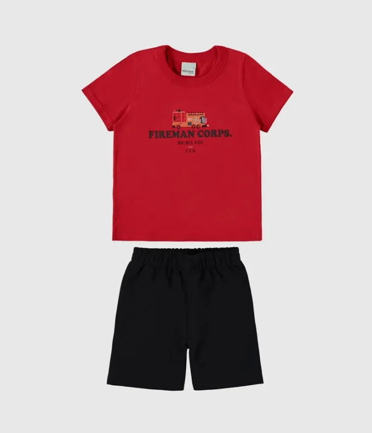 Conjunto Infantil Masculino Bombeiro Camiseta Vermelha e Bermuda Preta Fernanda Ramos Kids