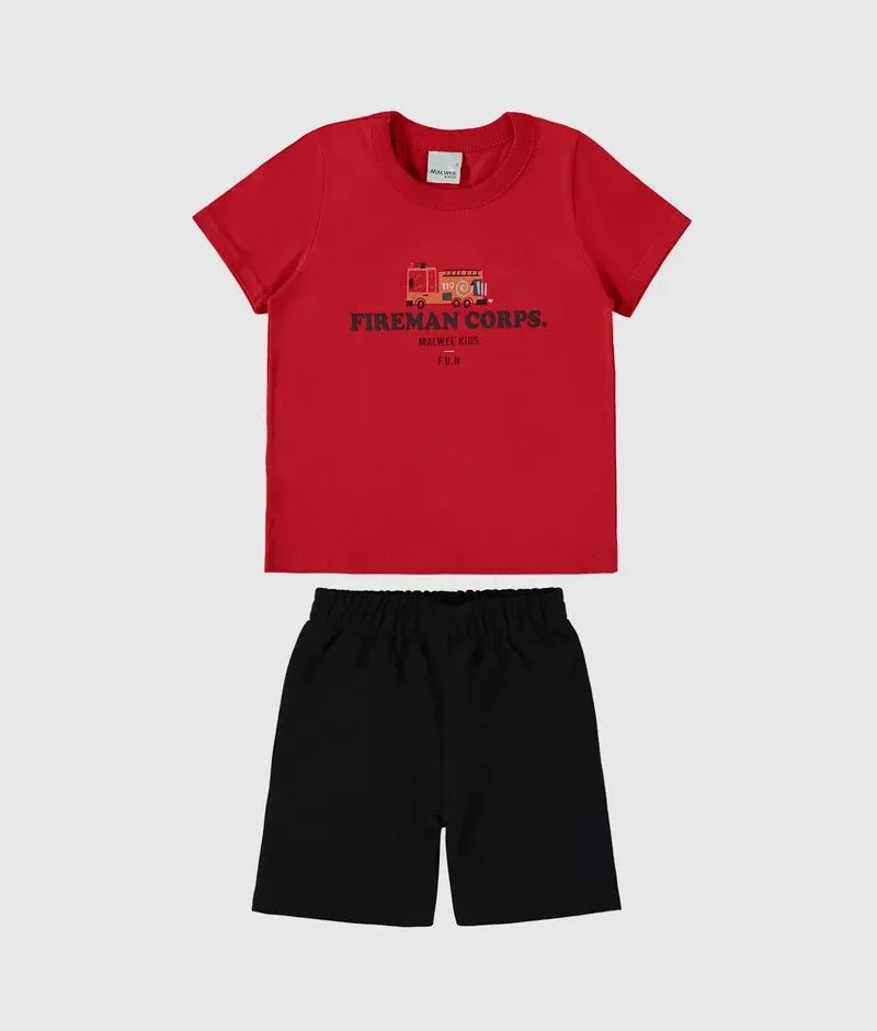 Conjunto Infantil Masculino Bombeiro Camiseta Vermelha e Bermuda Preta Fernanda Ramos Kids