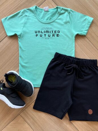 Conjunto Infantil Masculino Camiseta Unlimited Verde e Bermuda Preta Fernanda Ramos Kids