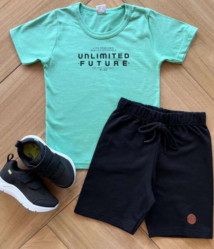 Conjunto Infantil Masculino Camiseta Unlimited Verde e Bermuda Preta Fernanda Ramos Kids