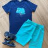 Conjunto Infantil Masculino Dino Camiseta Azul e Bermuda Verde Água Fernanda Ramos Kids