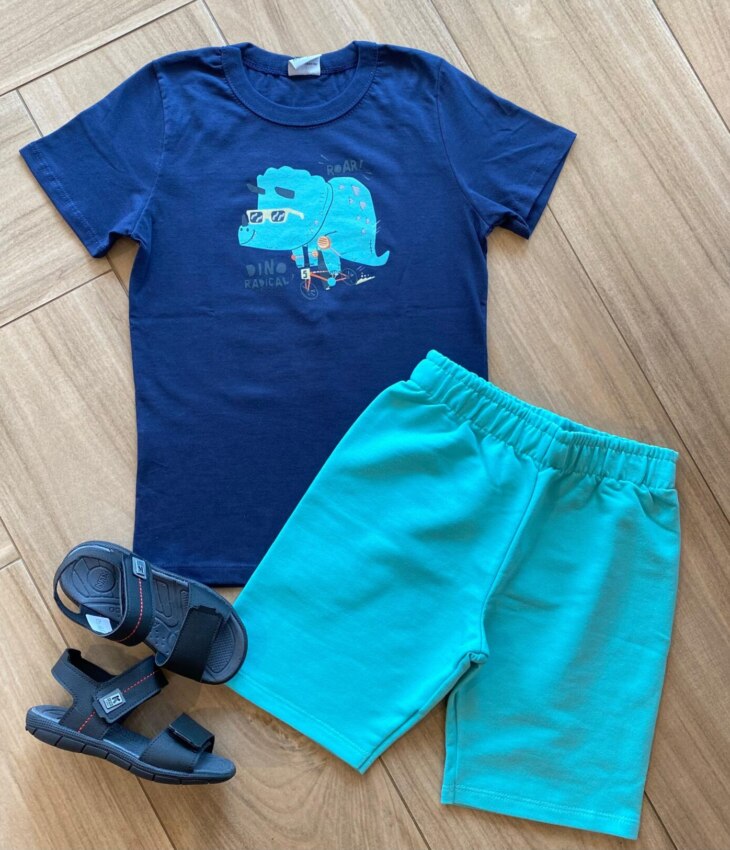 Conjunto Infantil Masculino Dino Camiseta Azul e Bermuda Verde Água Fernanda Ramos Kids