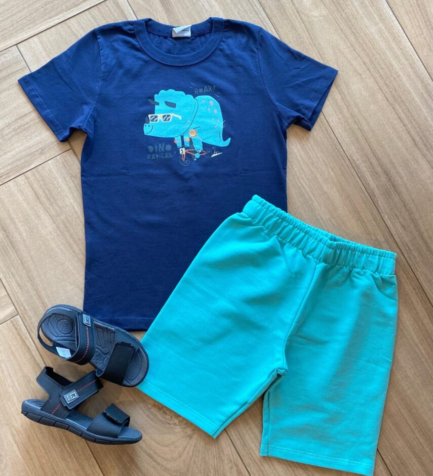 Conjunto Infantil Masculino Dino Camiseta Azul e Bermuda Verde Água Fernanda Ramos Kids