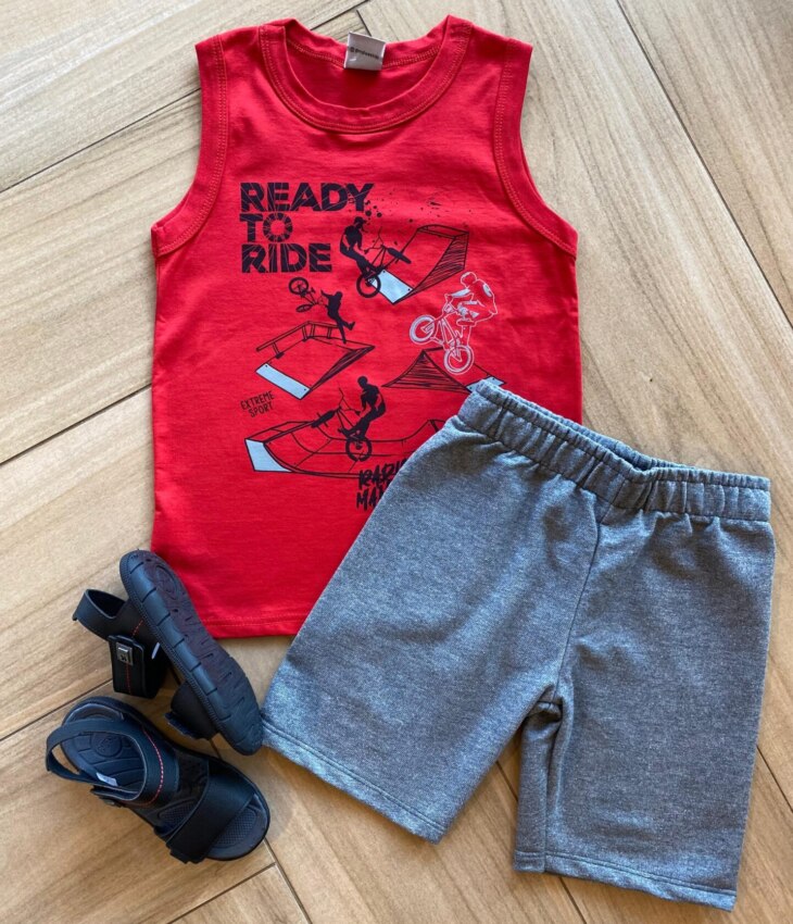 Conjunto Infantil Masculino Regata Vermelha e Bermuda Cinza Fernanda Ramos Kids