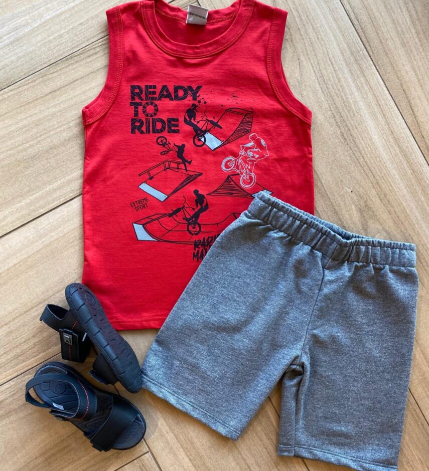 Conjunto Infantil Masculino Regata Vermelha e Bermuda Cinza Fernanda Ramos Kids