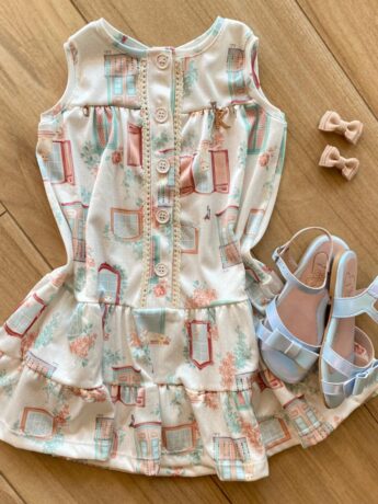 Vestido Infantil Feminino com Botões Off White Estampado Fernanda Ramos Kids