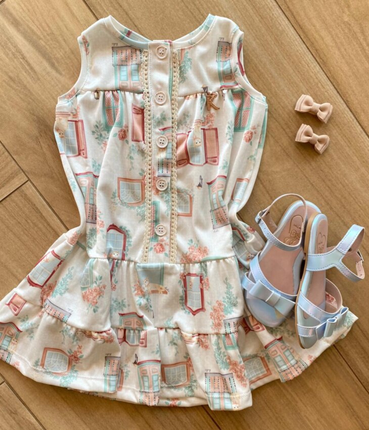 Vestido Infantil Feminino com Botões Off White Estampado Fernanda Ramos Kids