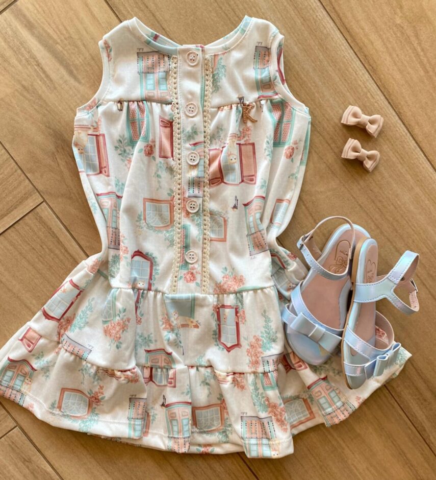 Vestido Infantil Feminino com Botões Off White Estampado Fernanda Ramos Kids
