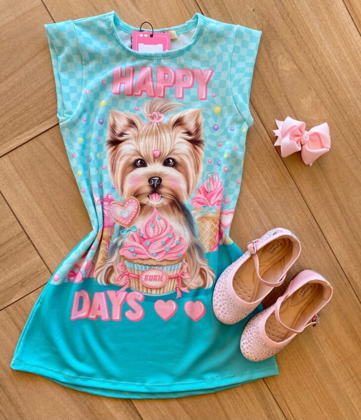 Vestido Infantil Feminino Malha Power Verde Água Estampado Fernanda Ramos Kids