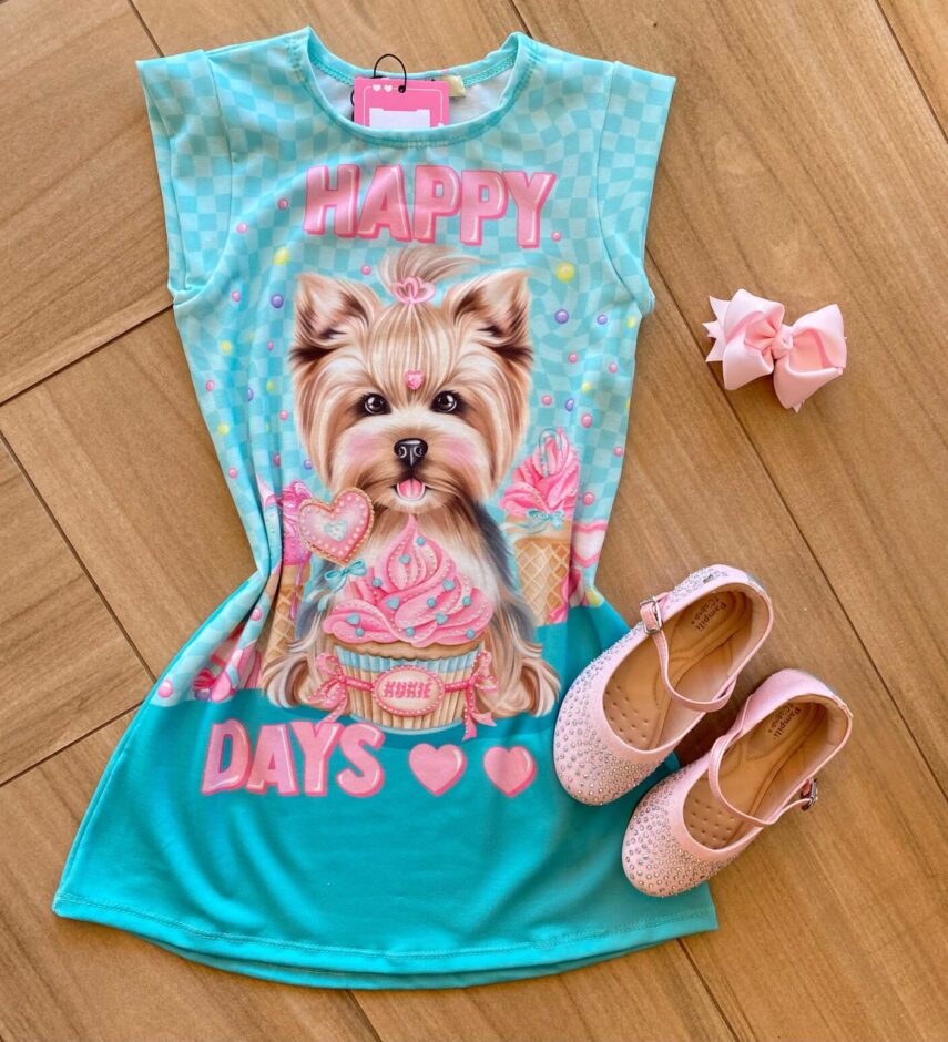 Vestido Infantil Feminino Malha Power Verde Água Estampado Fernanda Ramos Kids