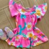 Vestido Infantil Feminino Manga Curta Meia Malha Pink Flúor Floral Fernanda Ramos Kids
