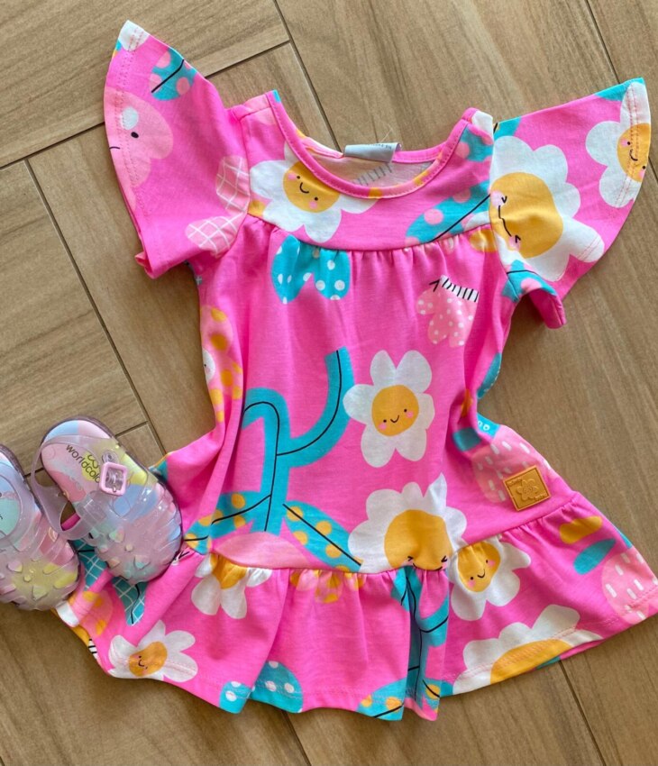 Vestido Infantil Feminino Manga Curta Meia Malha Pink Flúor Floral Fernanda Ramos Kids