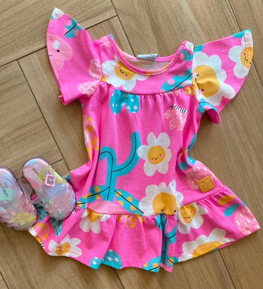 Vestido Infantil Feminino Manga Curta Meia Malha Pink Flúor Floral Fernanda Ramos Kids