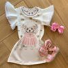 Vestido Infantil Feminino Manga Curta Off White Estampado Fernanda Ramos Kids