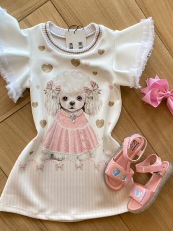 Vestido Infantil Feminino Manga Curta Off White Estampado Fernanda Ramos Kids