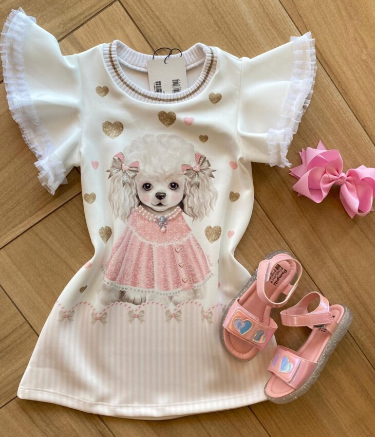 Vestido Infantil Feminino Manga Curta Off White Estampado Fernanda Ramos Kids