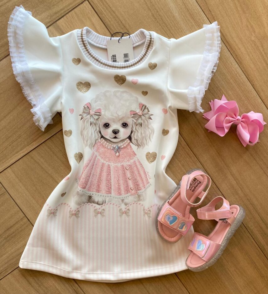Vestido Infantil Feminino Manga Curta Off White Estampado Fernanda Ramos Kids