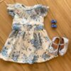 Vestido Infantil Feminino Manga Curta Off White Estampado de Azul Fernanda Ramos Kids