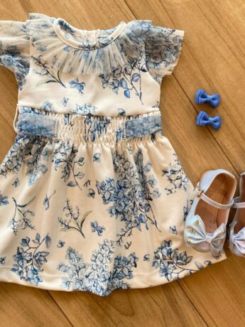 Vestido Infantil Feminino Manga Curta Off White Estampado de Azul Fernanda Ramos Kids