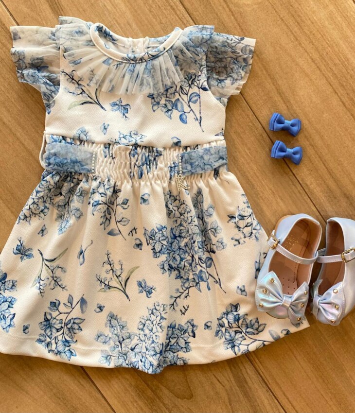 Vestido Infantil Feminino Manga Curta Off White Estampado de Azul Fernanda Ramos Kids