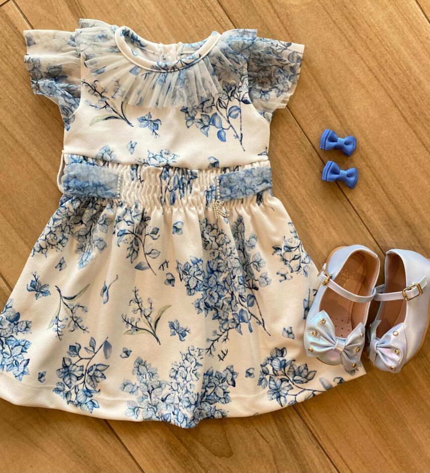 Vestido Infantil Feminino Manga Curta Off White Estampado de Azul Fernanda Ramos Kids