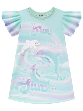 Vestido Infantil Feminino Manga Curta Verde Água Estampado Fernanda Ramos Kids