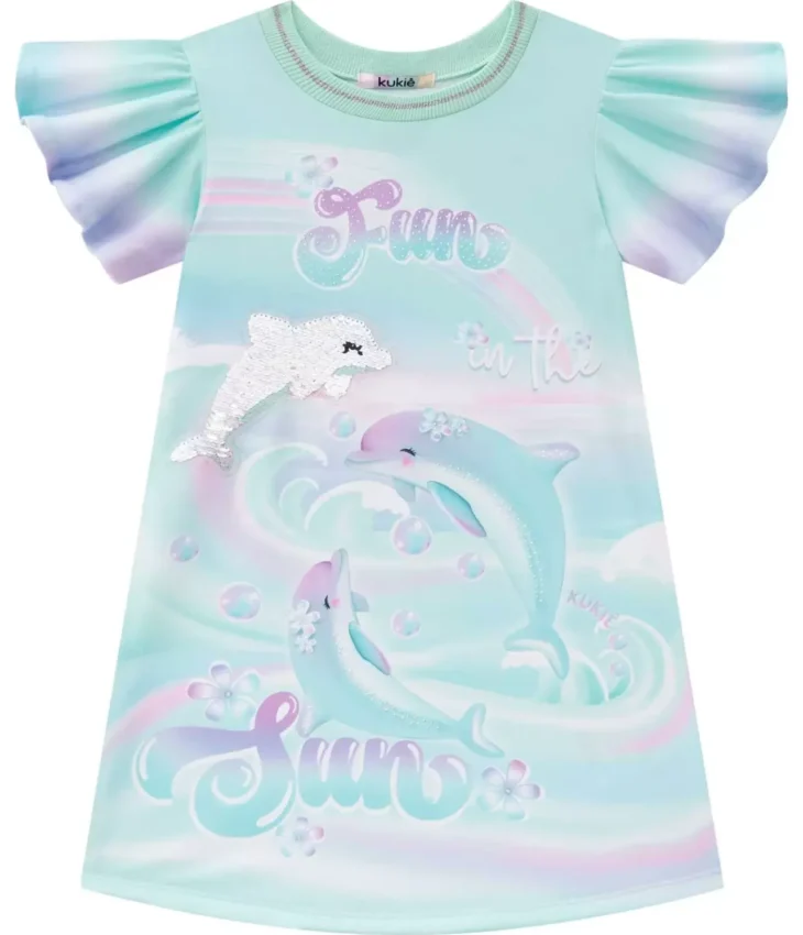 Vestido Infantil Feminino Manga Curta Verde Água Estampado Fernanda Ramos Kids
