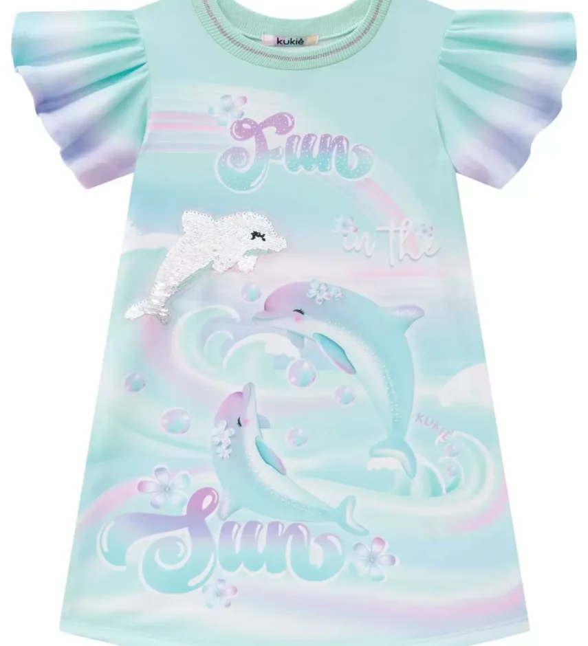 Vestido Infantil Feminino Manga Curta Verde Água Estampado Fernanda Ramos Kids