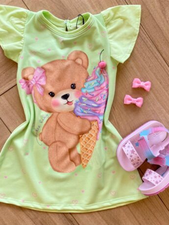 Vestido Infantil Feminino Meia Malha Verde Claro Estampado Fernanda Ramos Kids