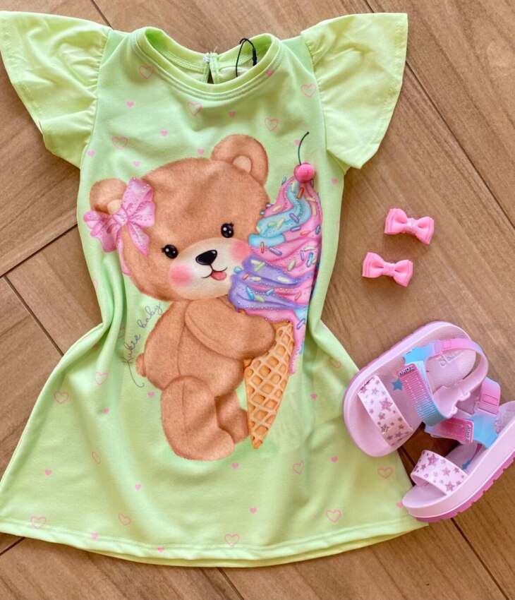 Vestido Infantil Feminino Meia Malha Verde Claro Estampado Fernanda Ramos Kids