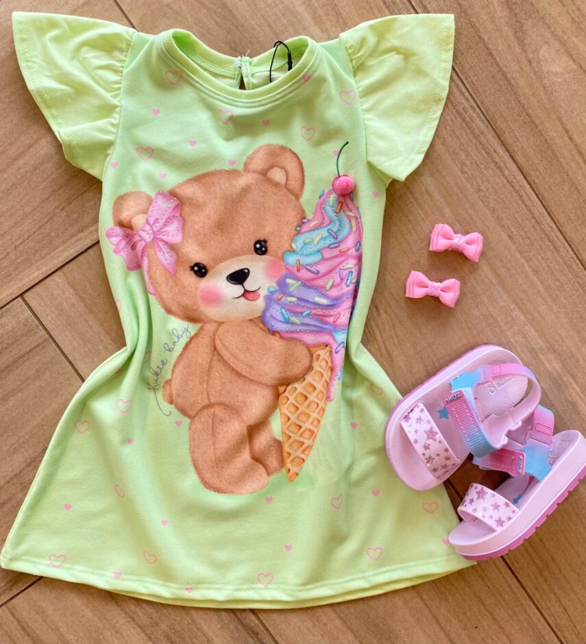 Vestido Infantil Feminino Meia Malha Verde Claro Estampado Fernanda Ramos Kids
